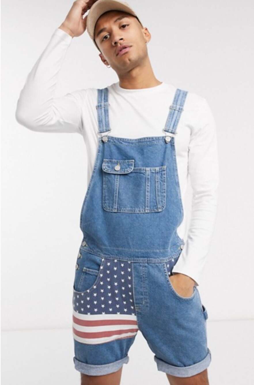 ASOS American Flag Patchwork Denim Short unisex Overalls